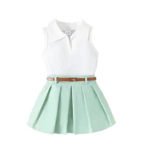 Toddler Baby Girl Skirt Outfit Sleeveless Ribbed Tank Vest Tennis Pleated Skirt With Belt Set Summer Clothes