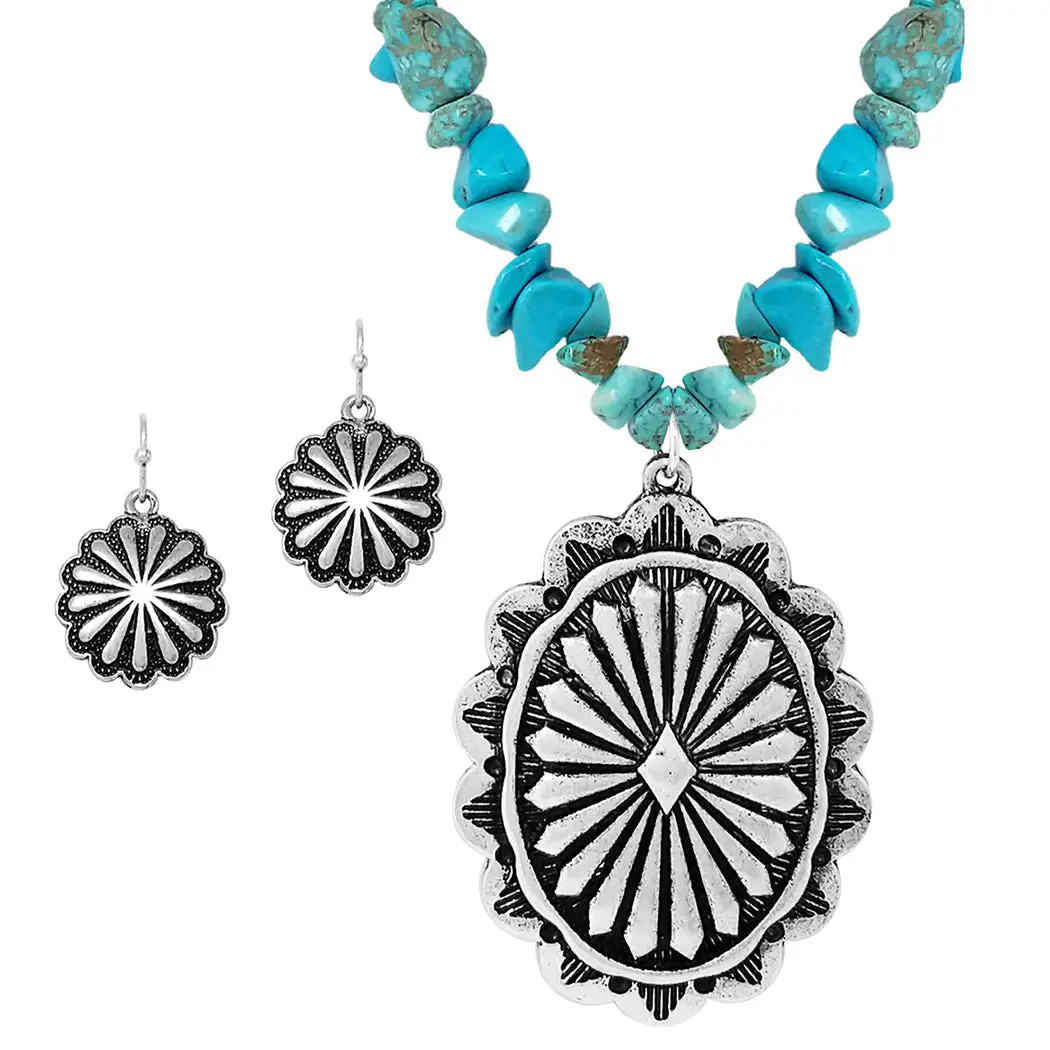 Cowgirl Chic Statement Turquoise Howlite Stone Strand Western Concho Pendant Necklace Earrings Set, 19"+3" Extender fashion woman accessory