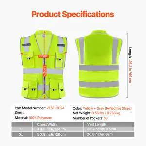VEVOR Safety Vest, 10 Pockets Yellow Safety Vest, High Visibility Zipper Front Safety Vest with Reflective Strips, Hi Vis Work Construction Vest with Pockets and Walkie-Talkie Clip, for Men Woman