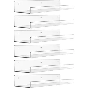 6 Pack Acrylic Shelves for Wall Storage, 15" x 4" Clear Floating Bookshelves for Kids, Display Shelf Organizer for Bathroom, Bedroom, Living Room, Kitchen, Room Decor