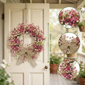 1PC Spring Pink & White Berry Wreath with Burlap Bow, 30cm Artificial Floral Door Wreath for Home Wall Decor, Mother's Day & Easter Photo Props