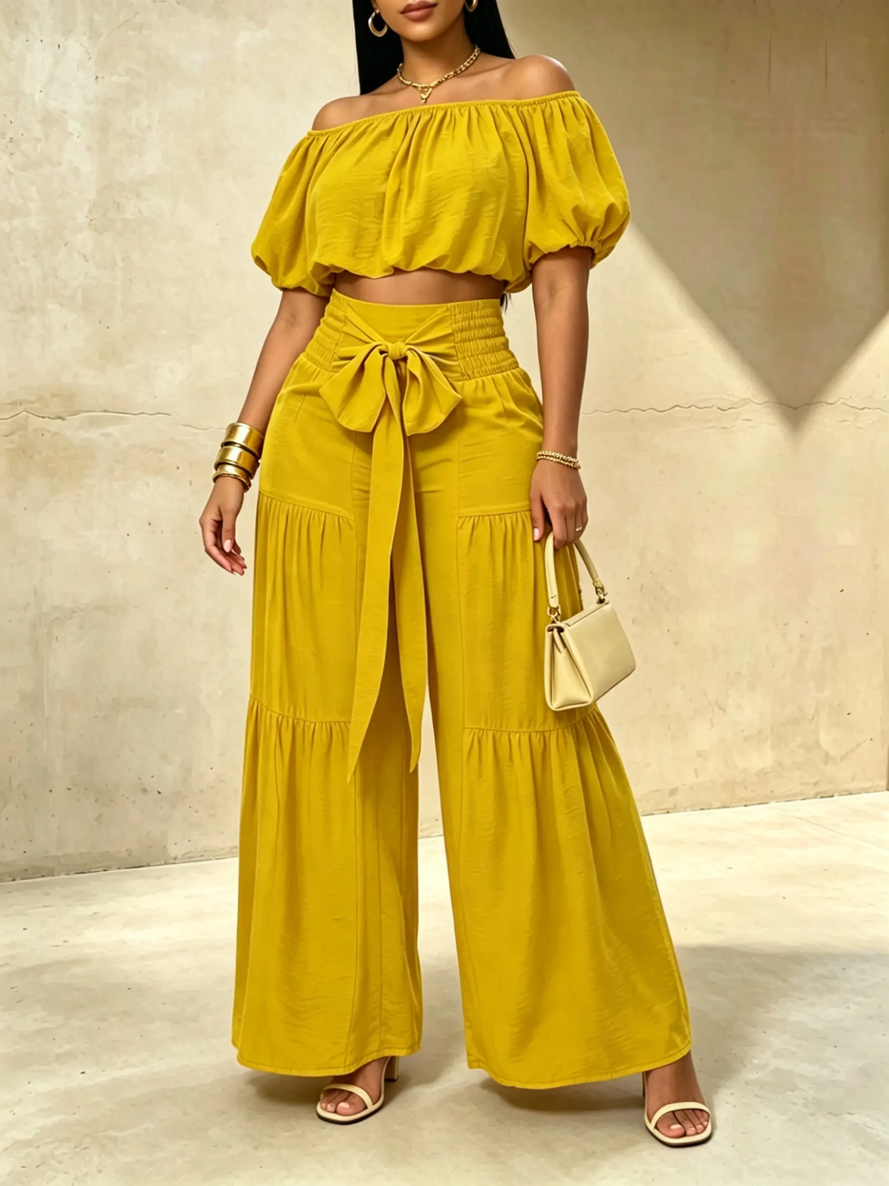 2 Piece Set Women's Yellow Off-Shoulder Puff Sleeve Crop Top & Smocked Waist Tie-Front Wide Leg Pants slim-fitting   perfect for vacations, beach trips, Daily outfits, vacations,partying and summer outings,suit casual  Lounge