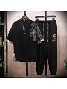 1 Set Men's Summer Chinese Style Sportswear Set - Notched V-Neck with Chinese Dragon Print, Ice Silk Short Sleeve Set, Short Sleeve Quick-Dry with Drawstring Elasticated Cuffed Pants