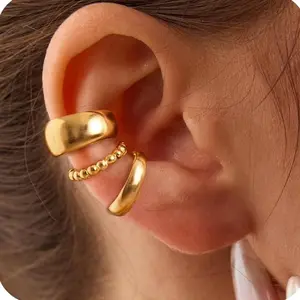 Tewiky 3PCS Ear Cuffs Non Piercing Earrings for Women - Chunky & Thin Gold Clip On Earrings Cartilage Cuff Set, Stackable Helix Conch Fake Piercing Jewelry