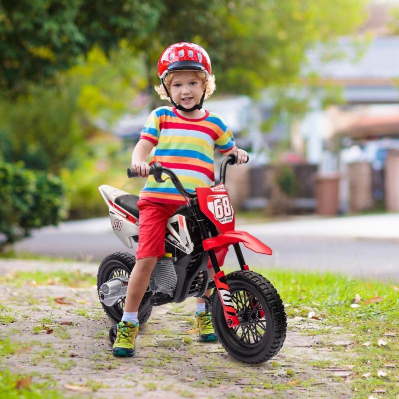 12V Red Kids Electric Dirt Bike with Twist Grip Throttle, Training Wheels, Rear Suspension & Music - Ages 3-6