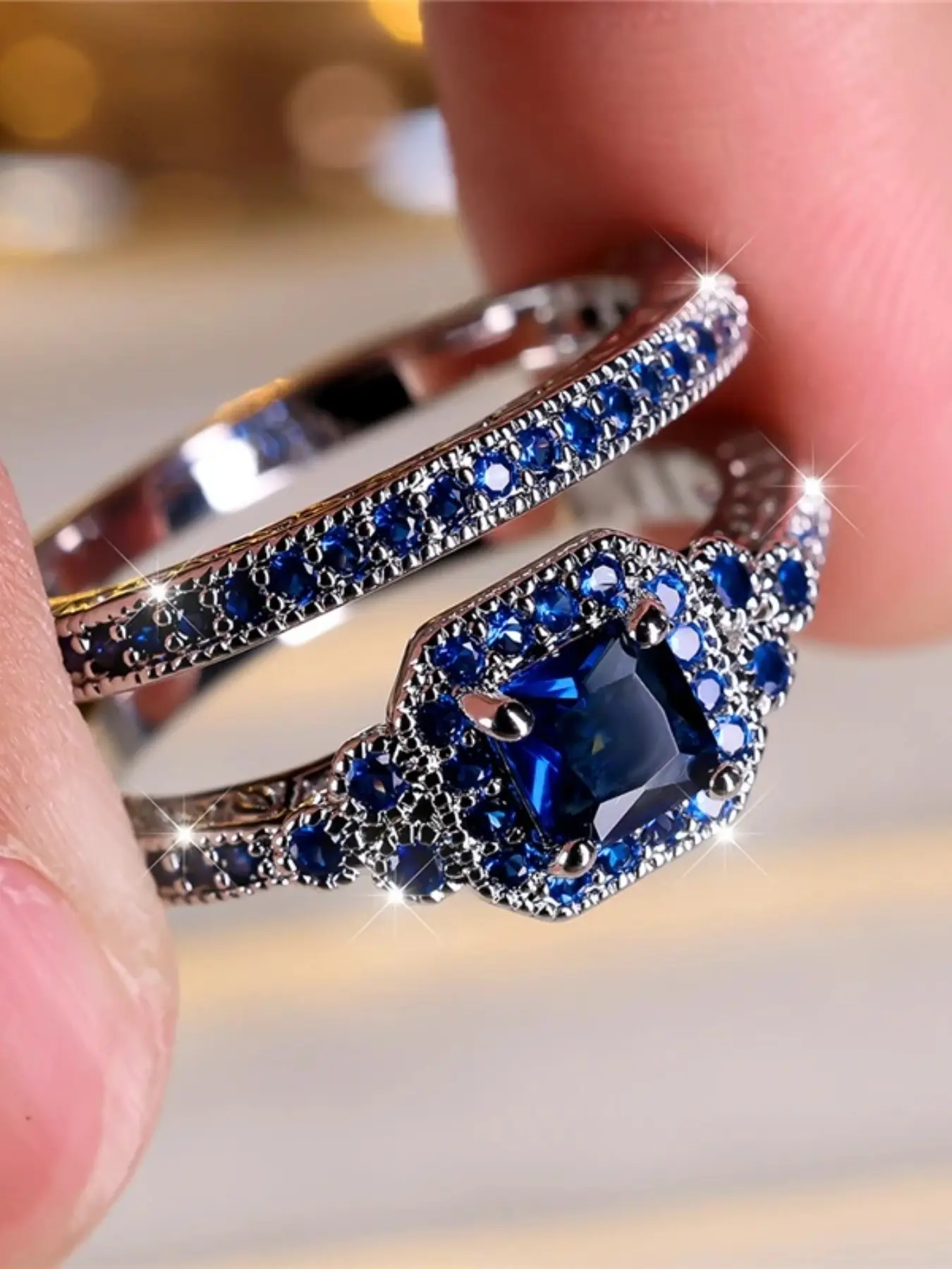 Female Blue Zirconia Stone Stackable Engagement Artificial Gemstone Ring Set Cute Silver Color Wedding Jewelry For Women Fashion Stackable Rings