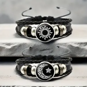 2-piece Set Glow-in-the-Dark Sun and Moon Lovers Couple Bracelets Unisex Retro Multi-layer Woven Leather Bracelets cuban Steel