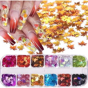 12 Colors Maple Leaf Glitter Nail Sequins - 3D Holographic Flakes for Manicure, Wedding, Christmas Decorations kit short stiletto tortoise shell nails color