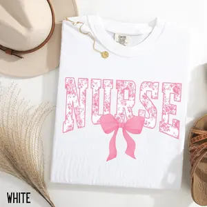 Nurse Bow Shirt, Pink Coquette Nurse TShirt, Nurse Gift For Women, Nurse Floral Tee, Toile de Jouy Registered Nurse Shirt Top Womenswear