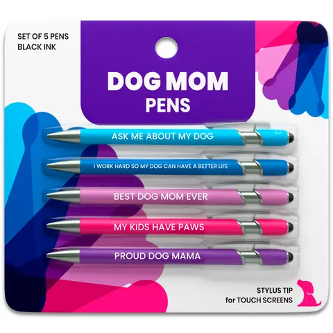 Rubyloo Funny Dog & Cat Gift Pen Set – 5 Black Ink Metal Ballpoint Pens with Stylus Writing Pen Funny Work Pens