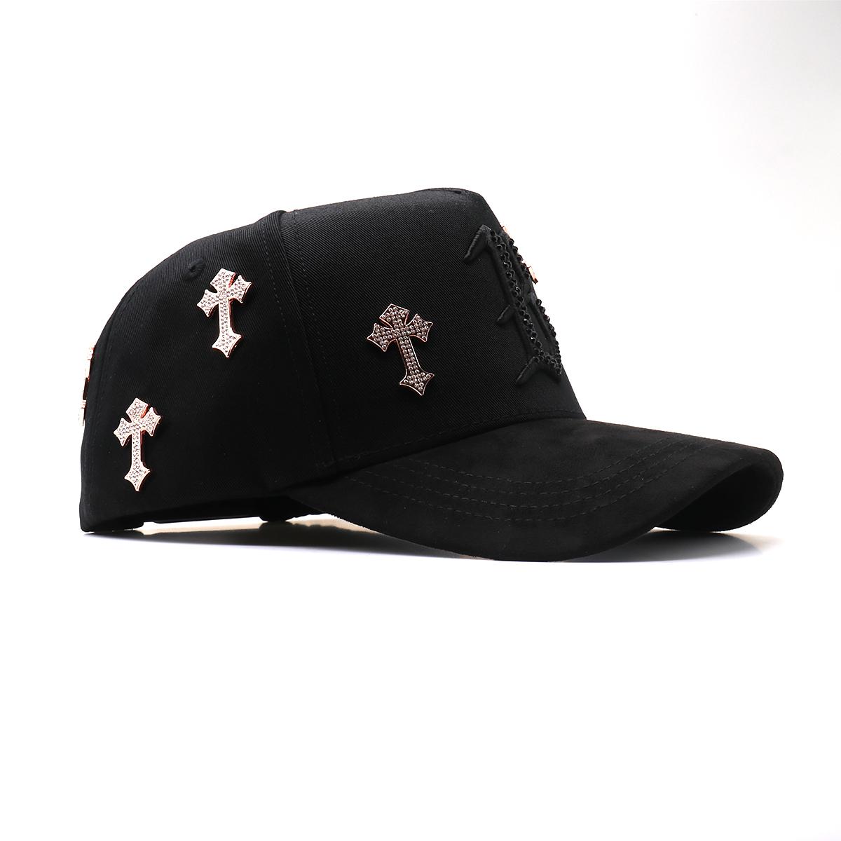 Black Streetwear Rhinestone Cross Snapback - Hip Hop Urban Style Adjustable Baseball Cap for Men Women