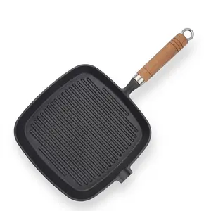 Cast Iron Square Grill Pan with Heat-Resistant Wood Handle | Healthy Low-Fat Cooking Skillet with Oil Pour Spout | Durable Cookware for Stove Top & Camping tortilla maker machine Adjustable Non-Stick Electric Cooker