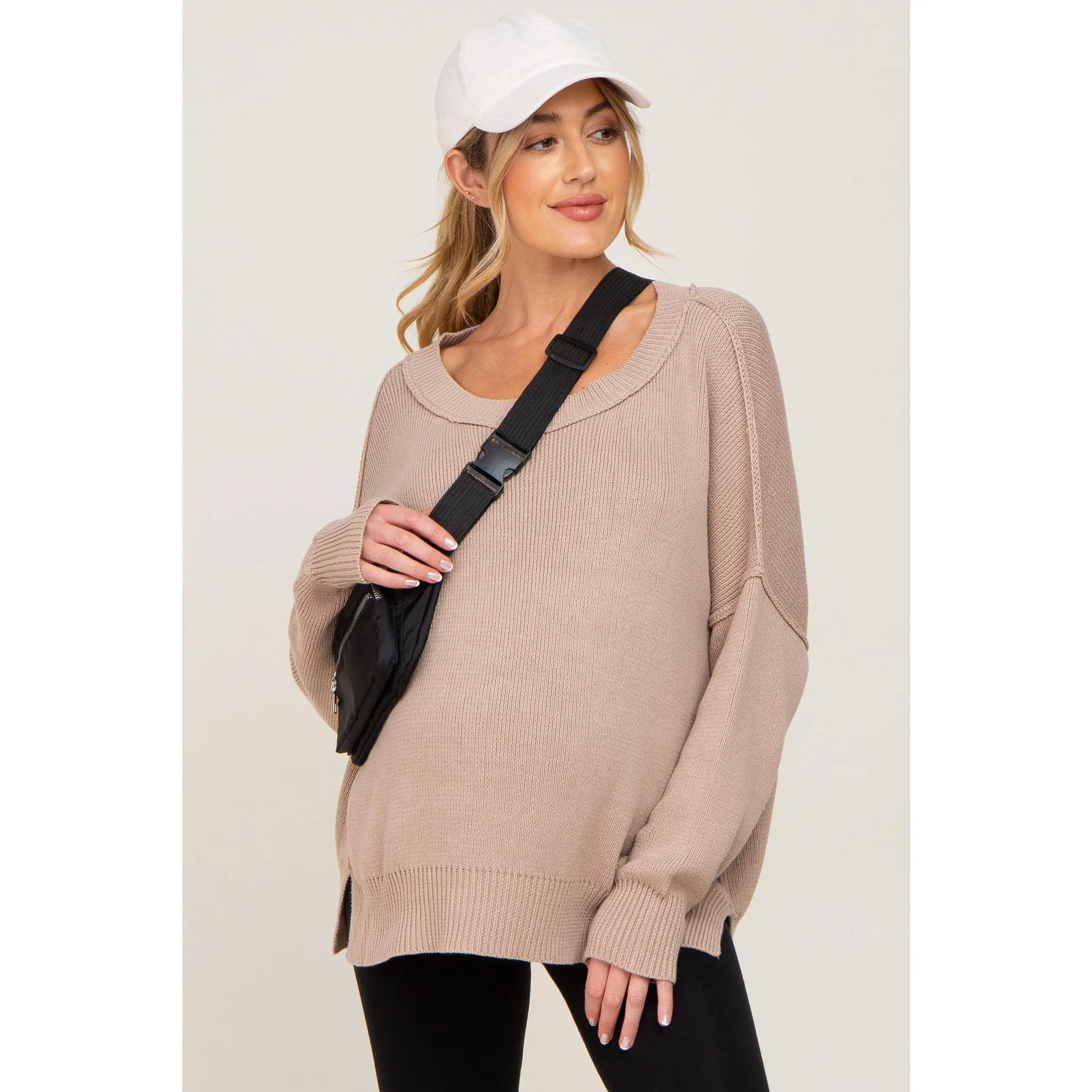 Maternity Sweater, Taupe Maternity Apparel with Exposed Seam Accent, Side Slit, Ribbed Trim, Long Sleeve Pregnancy Clothes, Long Sleeve Shirt