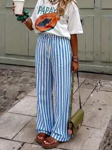 Women's Striped Linen Long Pants, Casual Wide Leg Beach Vacation Pants, Summer Beachwear, Comfortable and Stylish, Versatile and Trendy, Womenswear