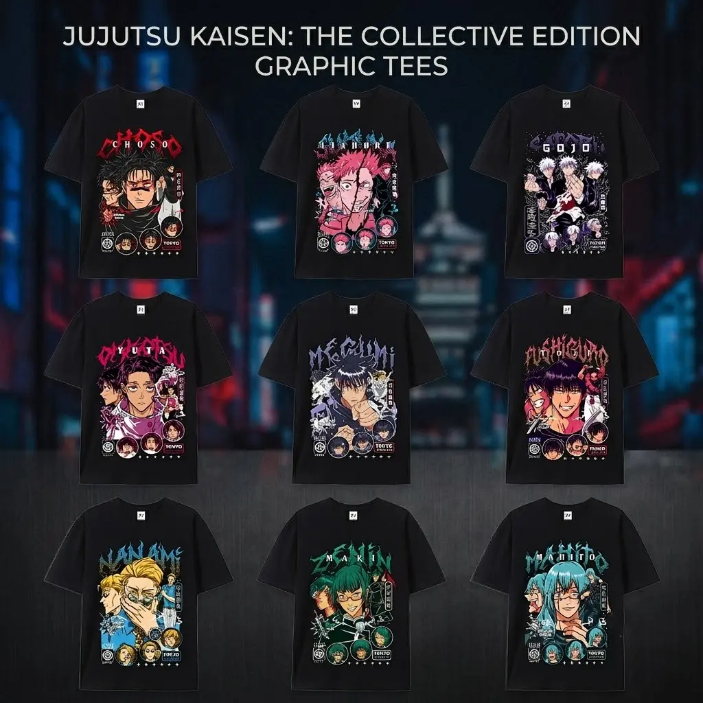 Men's Jujutsu Kaisen JJK Anime Graphic Print Top - Gojo, Toji, Megumi, Yuji Sorcerer Designs, 9 Options, Short-Sleeve Round Neck, Premium Heavyweight Cotton, Oversized Streetwear Tee, Unisex Fit, Perfect Gift for Anime Lovers Tshirt, Boyfriend, Casual