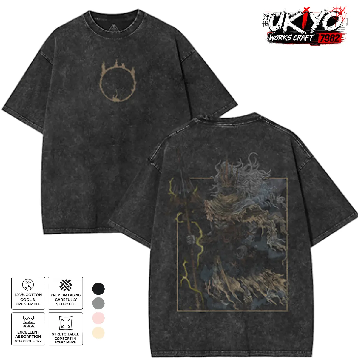 Dark Souls Nameless King Grim Washed Heavyweight Tshirt Menswear Top Clothes Fabric Collar Oversized Seamless men's graphic tees Gamis Casual Black