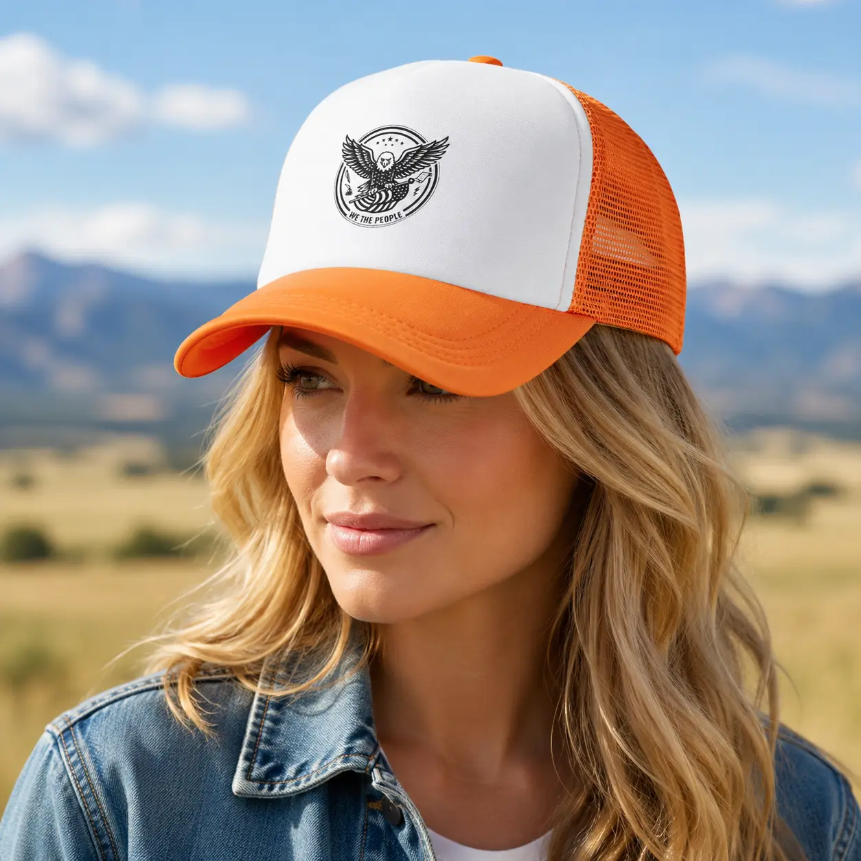 We The People Eagle Emblem Trucker Hat - Patriotic Curved Brim Mesh Breather Snapback Cap, One-Size Adjustable for Men, Outdoor Sports Wear, Mesh Breathers