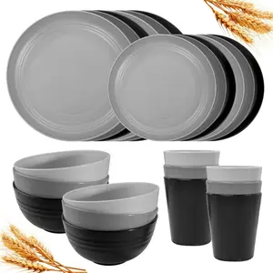 24Pcs Kitchen Plastic Wheat Straw Dinnerware Set,Dinnerware Sets for 6,Microwave Dishwasher Safe Plates, Unbreakable Reusable Plastic Wheat Straw Bowls & Plate for Camping