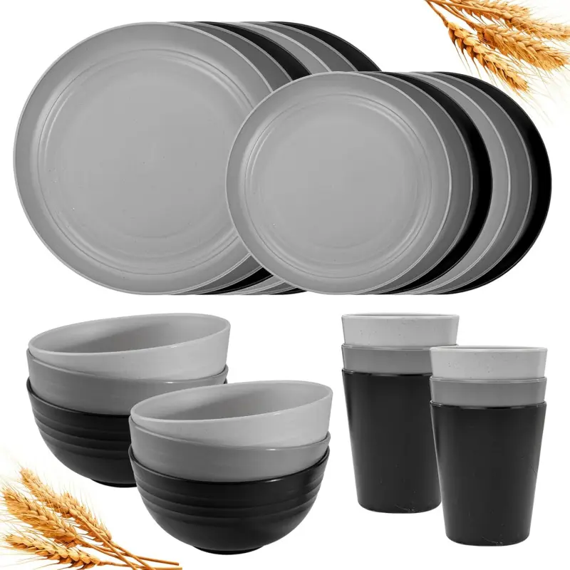 24Pcs Wheat Straw Plastic Dining Plate Set - Dishware Sets for 6, Tableware with Unbreakable Reusable Plates & Bowls, Microwave-Safe, Dishwasher-Safe for Camping