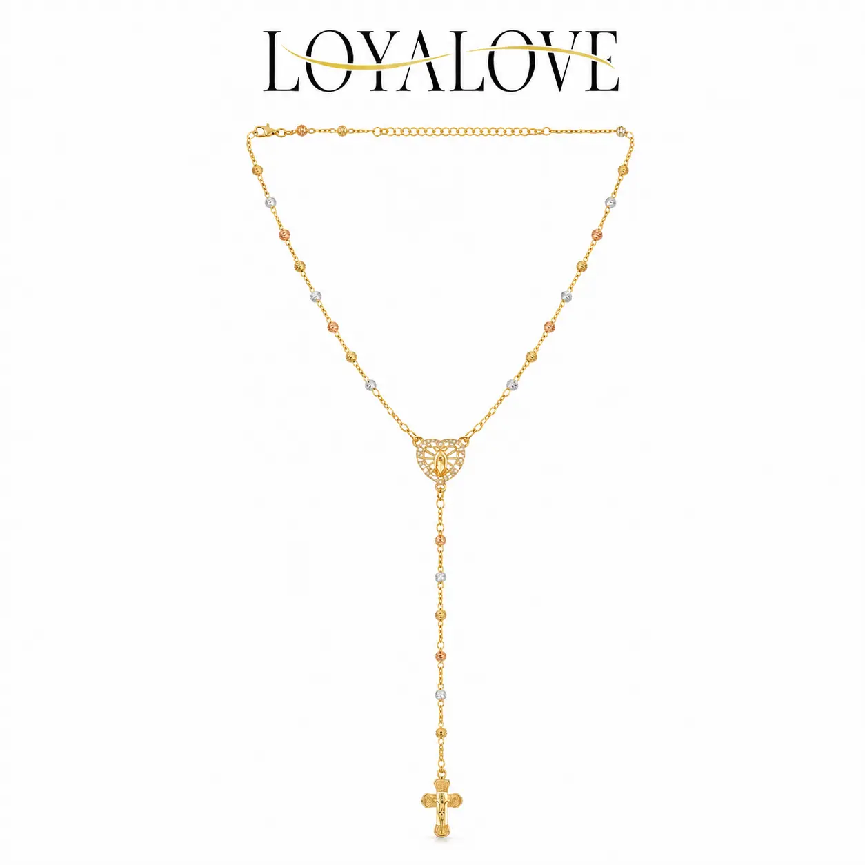 Loyalove Rosary-Style Necklace for Women, Tri-Color Beaded Heart Cross Pendant Y Necklace, Gold-Tone Long Lariat Faith Jewelry Gift