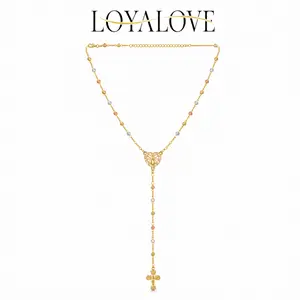 Loyalove Rosary-Style Necklace for Women, Tri-Color Beaded Heart Cross Pendant Y Necklace, Gold-Tone Long Lariat Faith Jewelry Gift