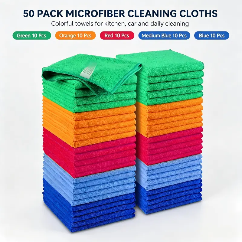 50 Pack Microfiber Cleaning Cloths, Color Coded Lint Free Scratch Resistant Highly Absorbent Reusable Towels for Kitchen Car House Window Cleaning Cleaning