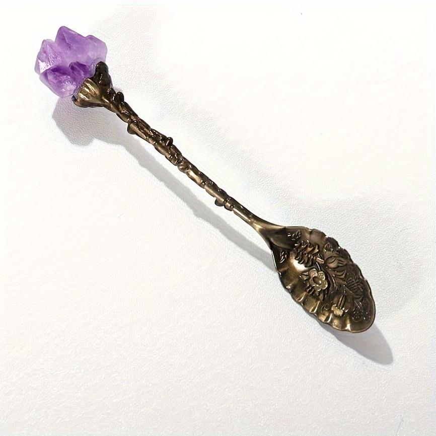 1/2/4/7pcs Natural Amethyst Flower Coffee Spoons Decorative Tea Spoons, Purple Crystal Spoons,Vintage Carved Spoons Dessert Spoon Ice Cream Spoons Hand Polished Raw Stone Crystal,Lucky home