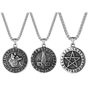 OIDEA Men's Stainless Steel Viking Norse Double-Sided Disc Pendant Necklace - Runic Compass Back, Silver-Black, 22-Inch Chain, Fashion Statement, Gunmetal, Pirate Motif, Emblem, Long Length Necklaces, Fashion Statement Necklaces
