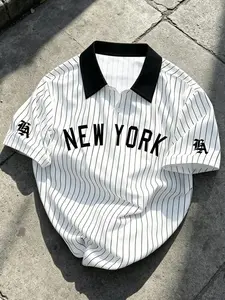 Men's Summer Retro Vintage New York Print Striped Polo Shirt, Loose Fit Colorblock Collar Short Sleeve, Trendy Casual Baseball Style Top
