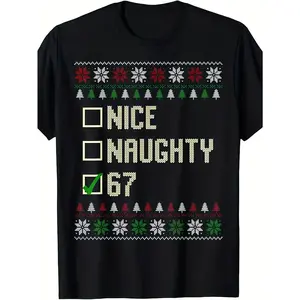 Boys & Girls Funny 67 Numbered Ugly Christmas Sweater T-Shirt - Naughty List Checkmark Design with Snowflake Patterns, Loose Fit Short Sleeve Round Neck Casual Holiday Humor Top for Xmas Parties & Casual Attire (Sizes 130-160) - Funny 67 Meme Graphi