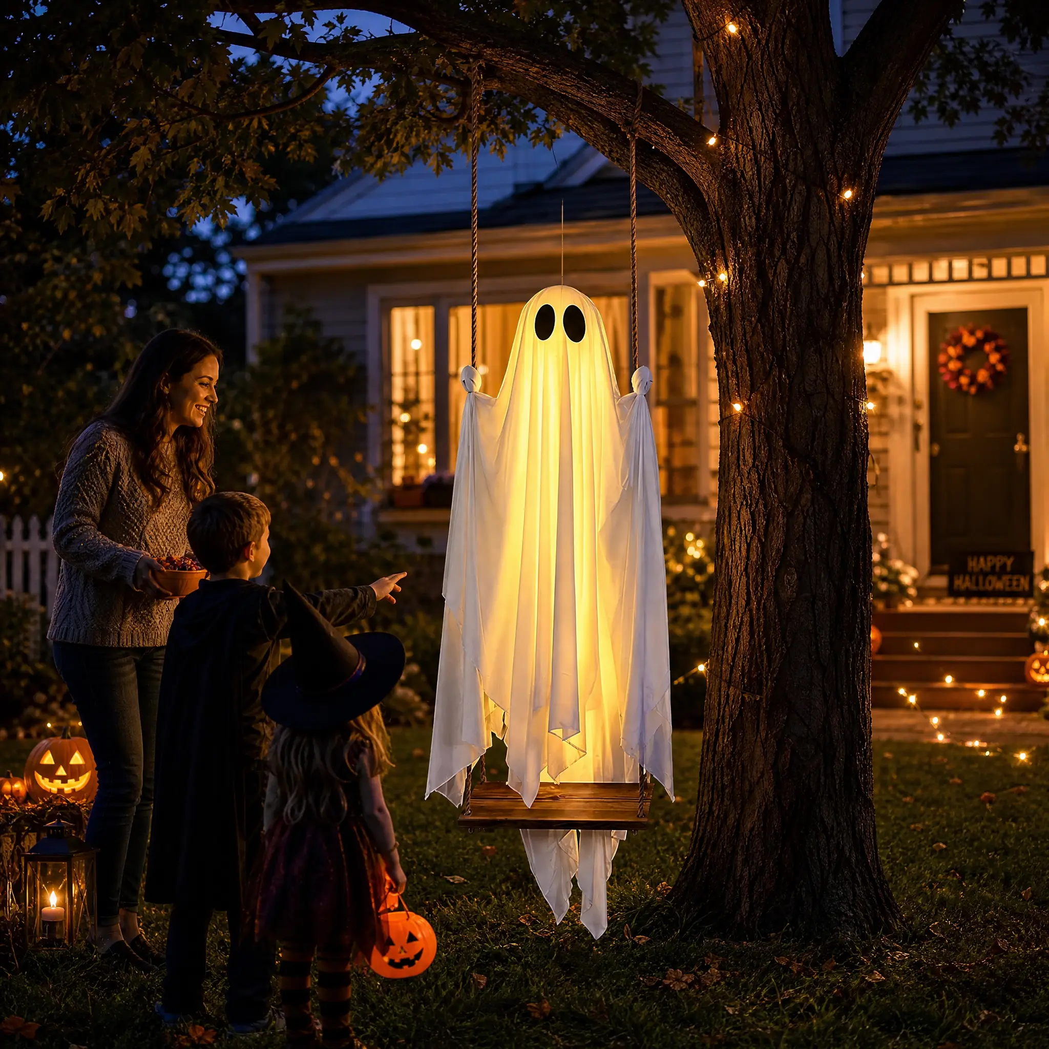 Scary 5FT Large Hanging Ghost Swing Halloween Decor Kit - Lighted Transparent Wooden Plastic Yard Tree Prop, 8-Mode LED String Lights, Wireless Remote Control, Timer, Waterproof Battery-Operated Porch Decor