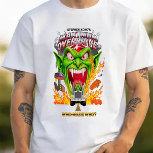 Maximum Overdrive Goblin Graphic Tee Casual Crew Neck T-Shirt with Unique Eye-Catching Design Featuring a Monstrous Creature with Flames, Perfect Gift for Fans of Horror, Urban Style, And Stand.Png