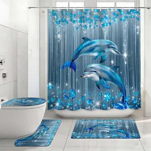 Blue Diamond Dolphin Print Shower Curtain, Modern Bathroom Decor, No Drilling, 12 Hooks, Multi-Functional, Gift Idea