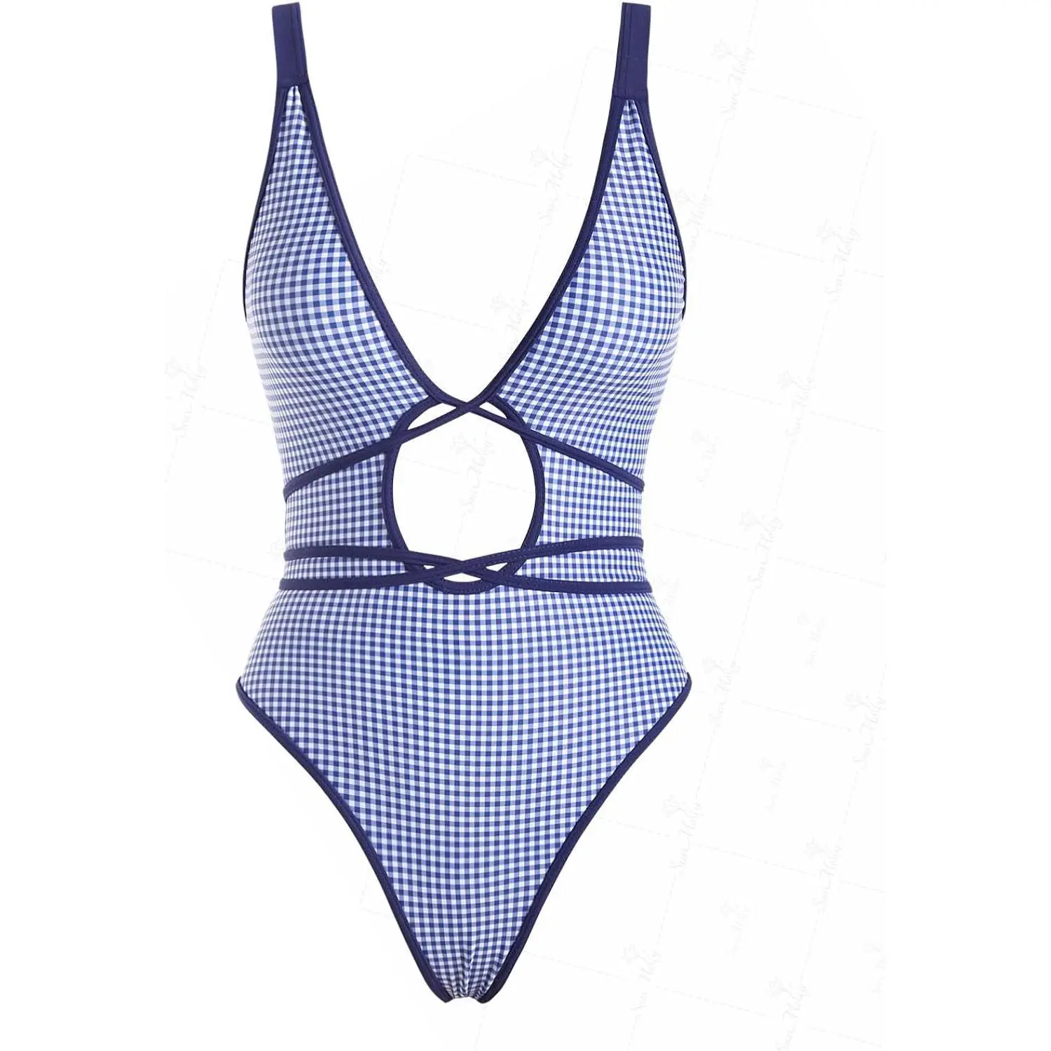 Blue Gingham Tie Around Criss Cross Backless Plunging Neck One-Piece Swimsuit 2026