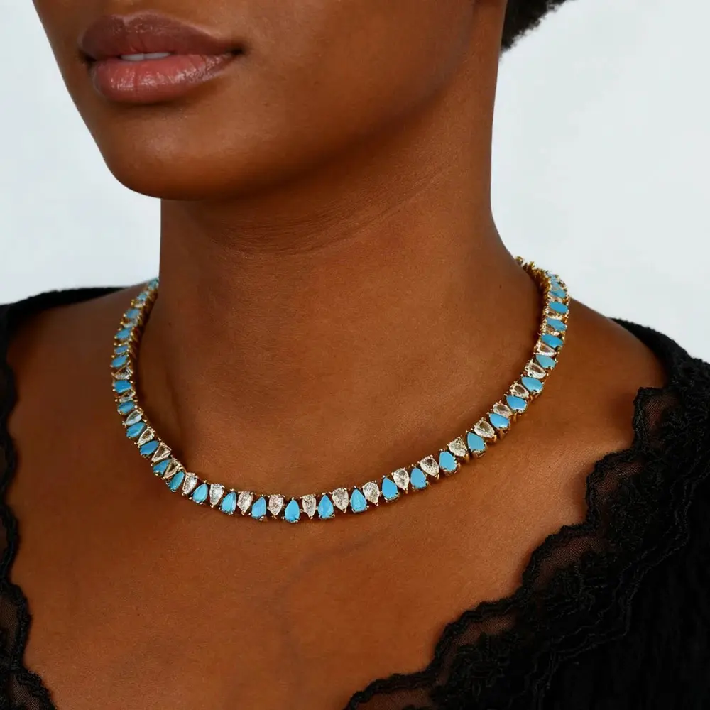 Blue Teardrop Tennis Necklace for Women | CZ Crystal Choker Necklace | Elegant Statement Jewelry