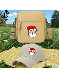 2pcs Cartoon Santa Claus with Red Hat and White Beard Print, Unisex Baseball Cap & Crossbody Bag, Men's and Women's Fashion Street Suit, Unisex Sportswear, Unique Gift Ideas, Adjustable Polyester, Casual Outdoor Sports Accessories