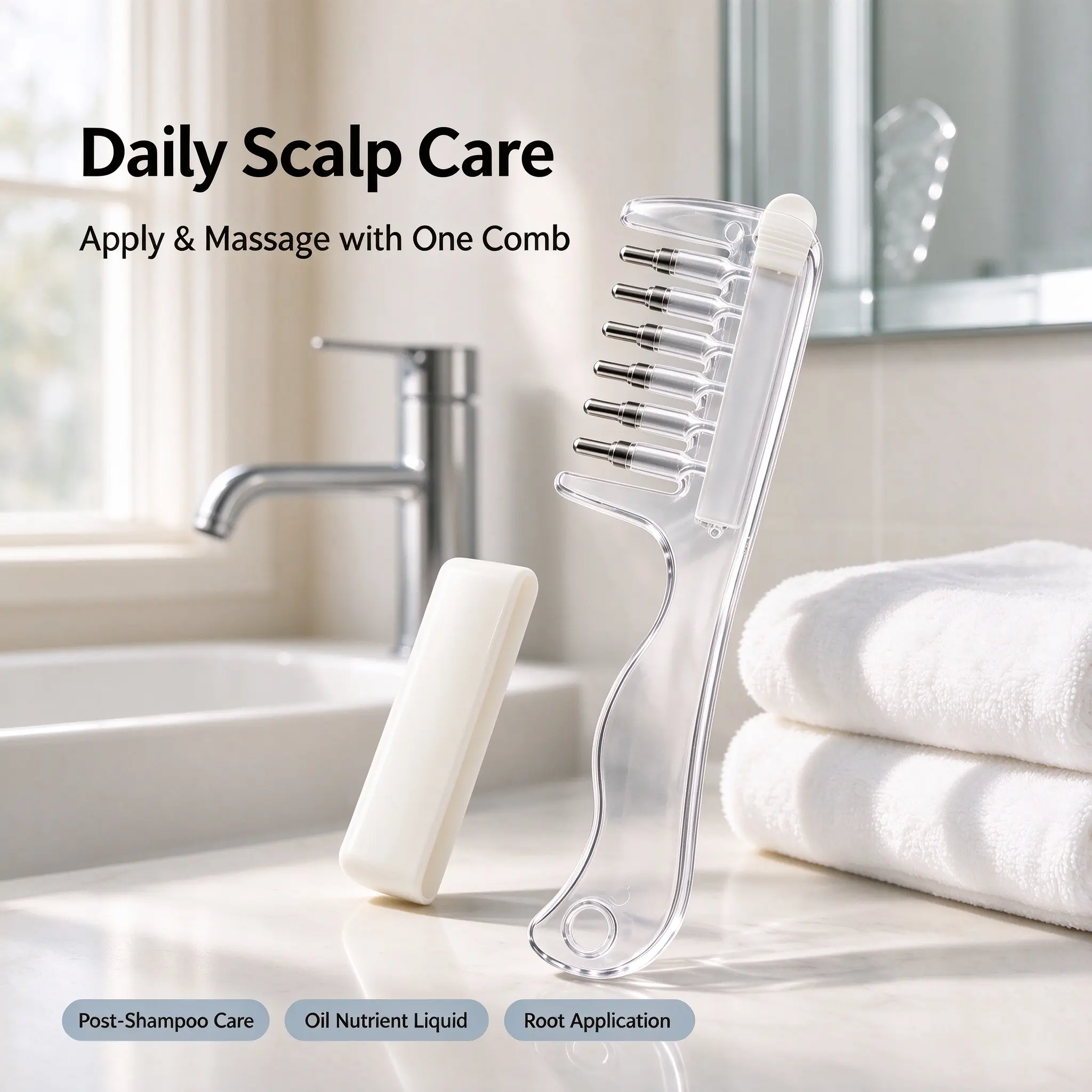 Scalp Massage Comb with Oil Reservoir, 6 Roller Tip Hair Root Applicator, No-Drip Mess-Free Design, Portable Scalp Relaxation Tool