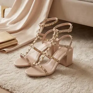【16 MADDISON】Women's Gold Studded Ankle Strap Square Toe Chunky Heel Sandals, Open Toe High Heels, Women's Sandals, Suitable for Summer Parties, Weddings, Clubs, Dates, Festivals and Other Occasions. Decor Dance  Elegant