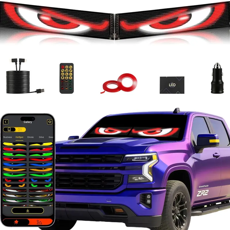 Iconic Devil's Eye Programmable LED Automotive Emblem - 2pcs 24"x5" Panel Set, USB-Powered, IP67 Waterproof, Remote & App Control, Vehicle Car Ornament, Truck Accessories, Goth Aesthetic Holiday Gift