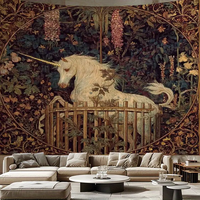 JIT 1pc Decorative Unicorn Legend Printed Magic Forest Tapestry, Home Supplies Indoor Wall Hanging Art Decor, Varied Sizes Option for Rooms & Studios, Creative Gift Choice, Outdoor/Indoor