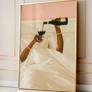 Luxury Black Woman Drinking Champagne in Bed Poster, Old Money Aesthetics, Modern Champagne Print for Kitchen or Lounge, Luxurious Wall Arts