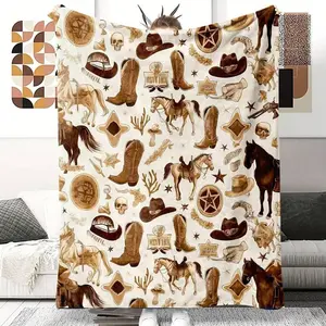 1pc Cozy Western Cowboy-Themed Flannel Throw Blanket - Soft, Warm, And Versatile For Couch, Bed, Office, Or Camping-280GSM