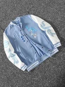 Men's La Graphic Print Baseball Jacket with Pockets, Spring & Fall Casual Loose Fit Streetwear, Blue Patchwork Couple Trendy Coat