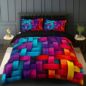 3PCS color geometric lattice quilt cover set (1 quilt cover + 2 pillowcases, excluding quilt core pillow core), high definition printing in home dormitory