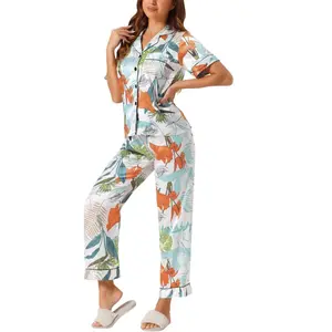 cheibear Women's Summer Satin Button Down Short Sleeve Tops with Pants Silky Lounge Pajama Sets Small Green