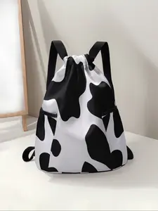 Cow Print Drawstring Backpack, Large Capacity Durable Gym Bag, Adjustable Shoulder Straps, Casual Sports Beach Bag for Men & Women