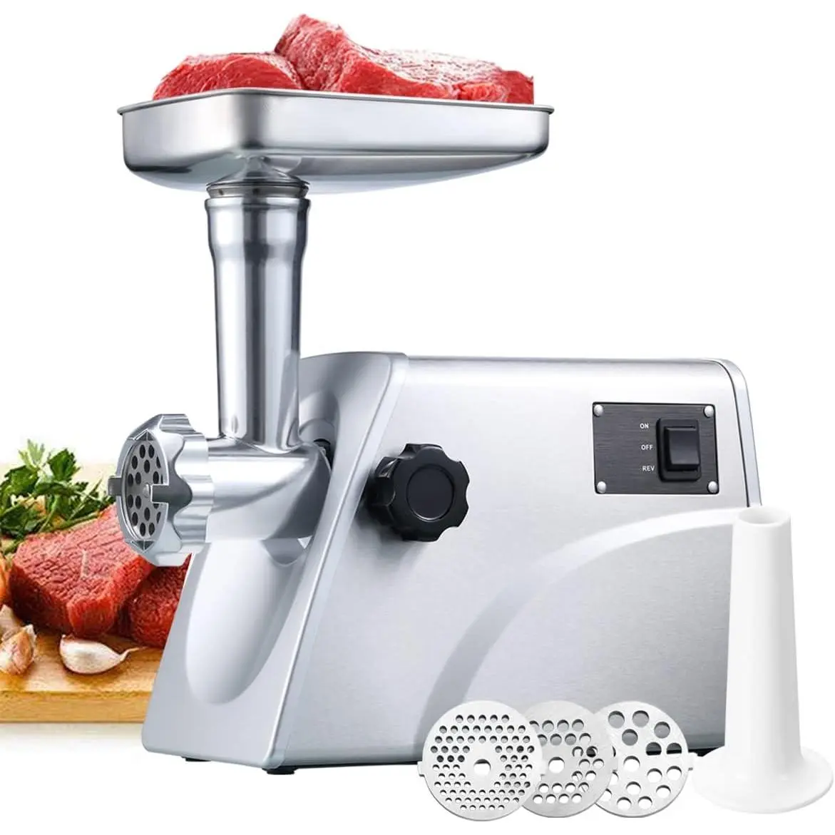 SM-G33 Electric Meat  - 1HP 800W Max Power - ETL Stainless Steel Meat  Mincer Sausage Stuffer, Stainless Steel  and Plates and 1 Sausage Maker