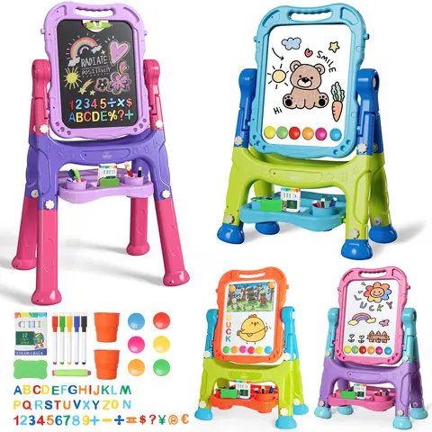 Lehoo Castle 4-in-1 Double-Sided Preschool+ Art Easel for Boys/Girls - Magnetic Whiteboard, Chalkboard, Adjustable Tripod Stand (26.8" Low-34.6" High), ABS Toys, Coloring Book, Colored Markers, Art/Craft Accessories, Outdoor Gift