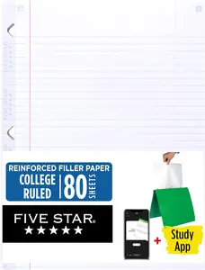 Five Star Loose Leaf Paper + Study App, College Ruled Filler Notebook