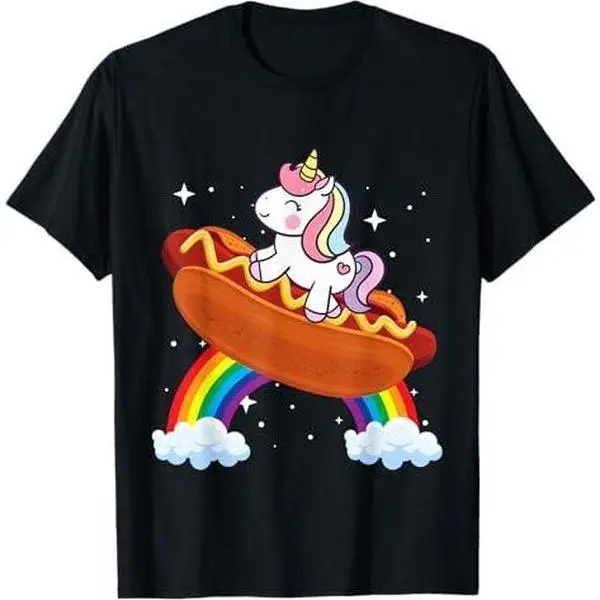 Unicorn Riding Hot Dog Boys Girls Women Kids Teens Rainbow T-Shirt